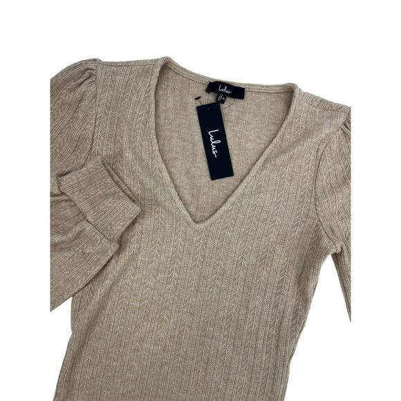 Lulus Tops - Lulus Tan Beige Pointelle Chevron V-Neck Puff Sleeve Knit Top Womens Size Medium
